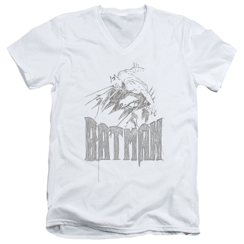 Batman Knight Sketch Mens Slim Fit V Neck T Shirt White