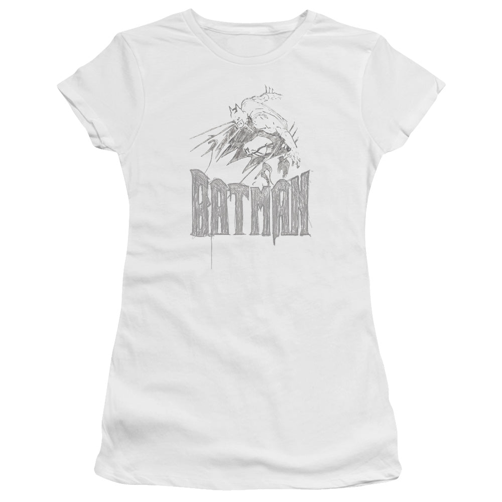 Batman Knight Sketch Junior Sheer Cap Sleeve Womens T Shirt White
