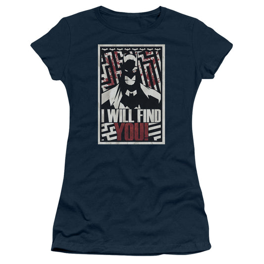 Batman I Will Fnd You Junior Sheer Cap Sleeve Womens T Shirt Navy Blue