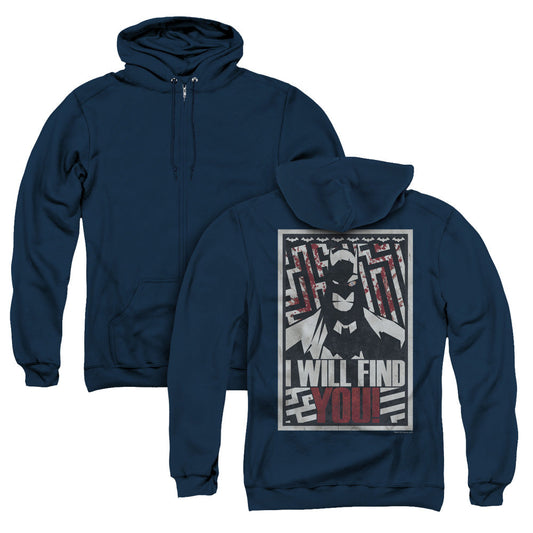 Batman I Will Fnd You Back Print Zipper Mens Hoodie Navy Blue