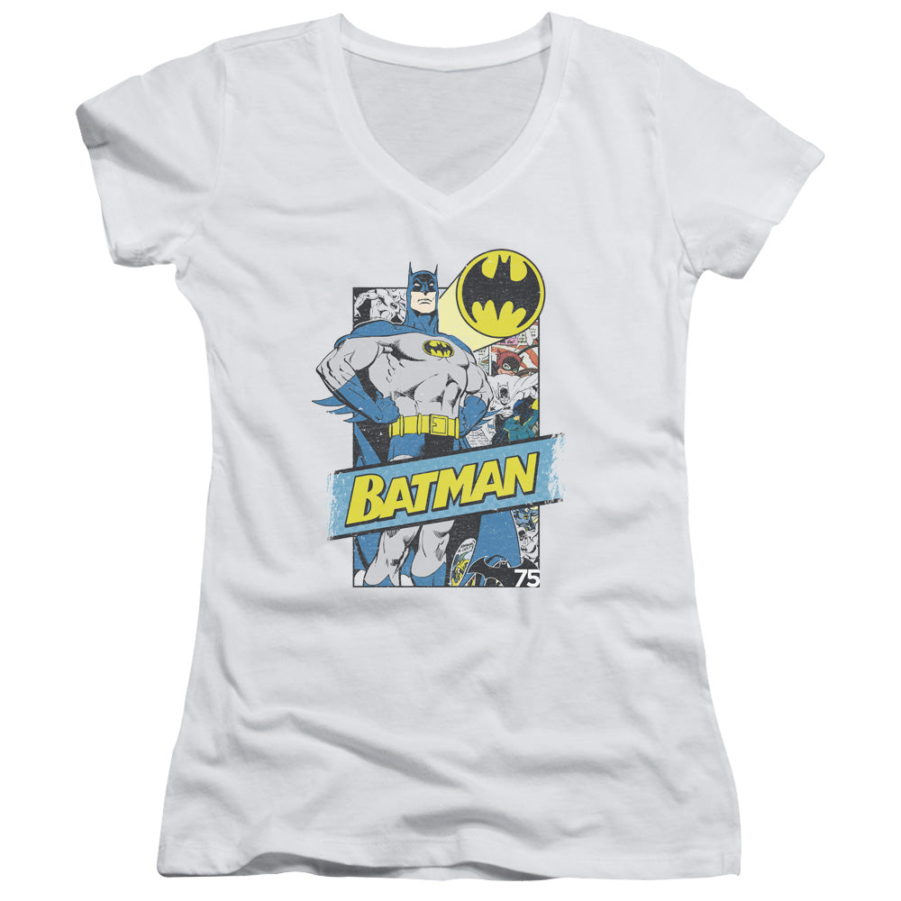 Batman Out Of The Pages Junior Sheer Cap Sleeve V Neck Womens T Shirt White