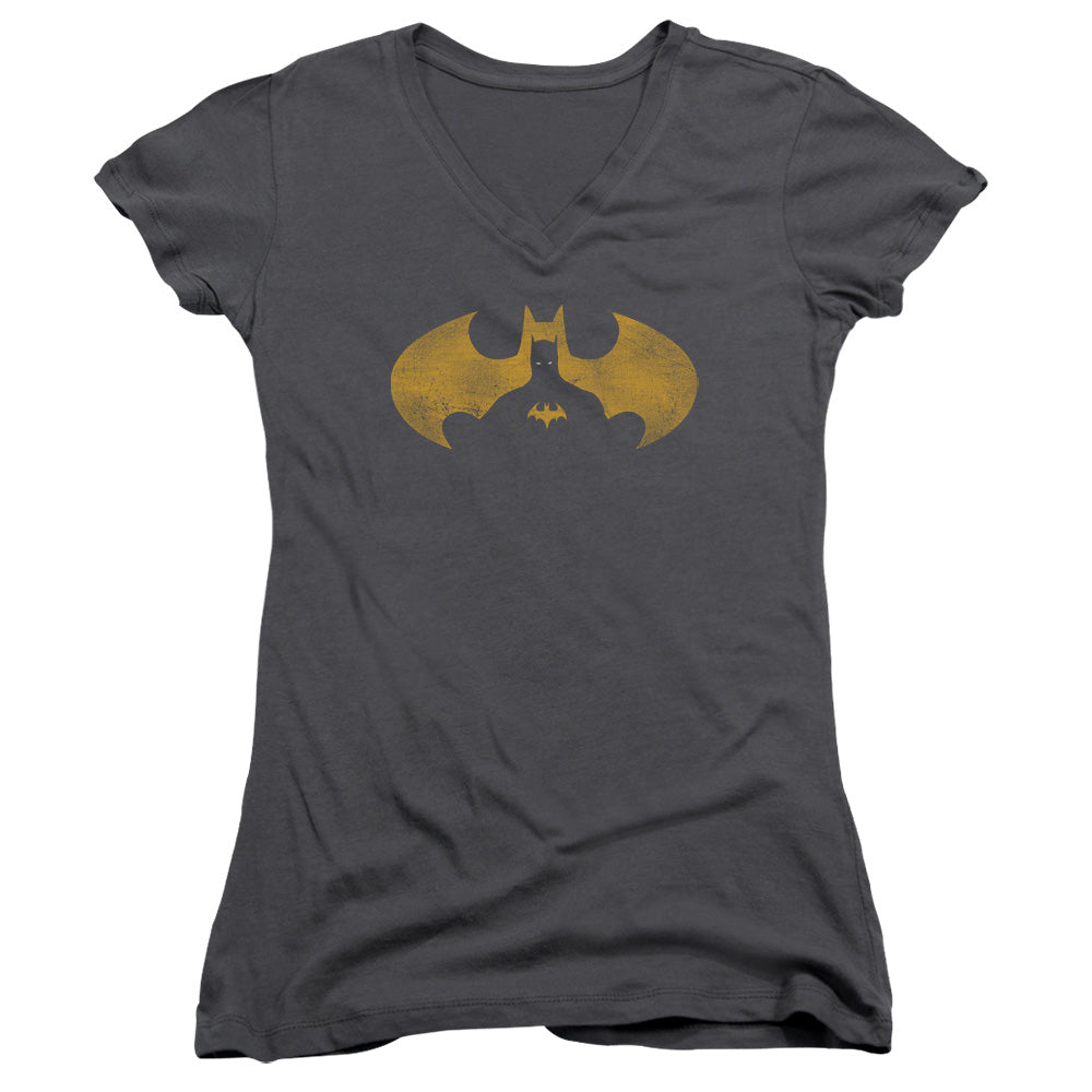 Batman Bat Symbol Knockout Junior Sheer Cap Sleeve V Neck Womens T Shirt Charcoal