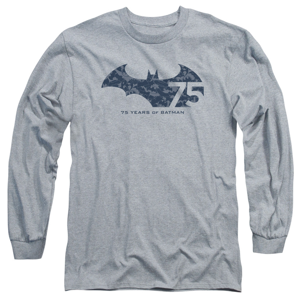 Batman 75 Year Collage Mens Long Sleeve Shirt Athletic Heather