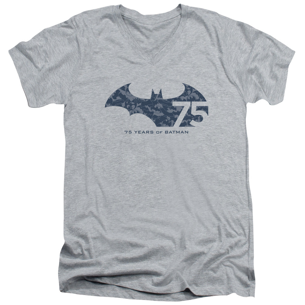 Batman 75 Year Collage Mens Slim Fit V Neck T Shirt Athletic Heather