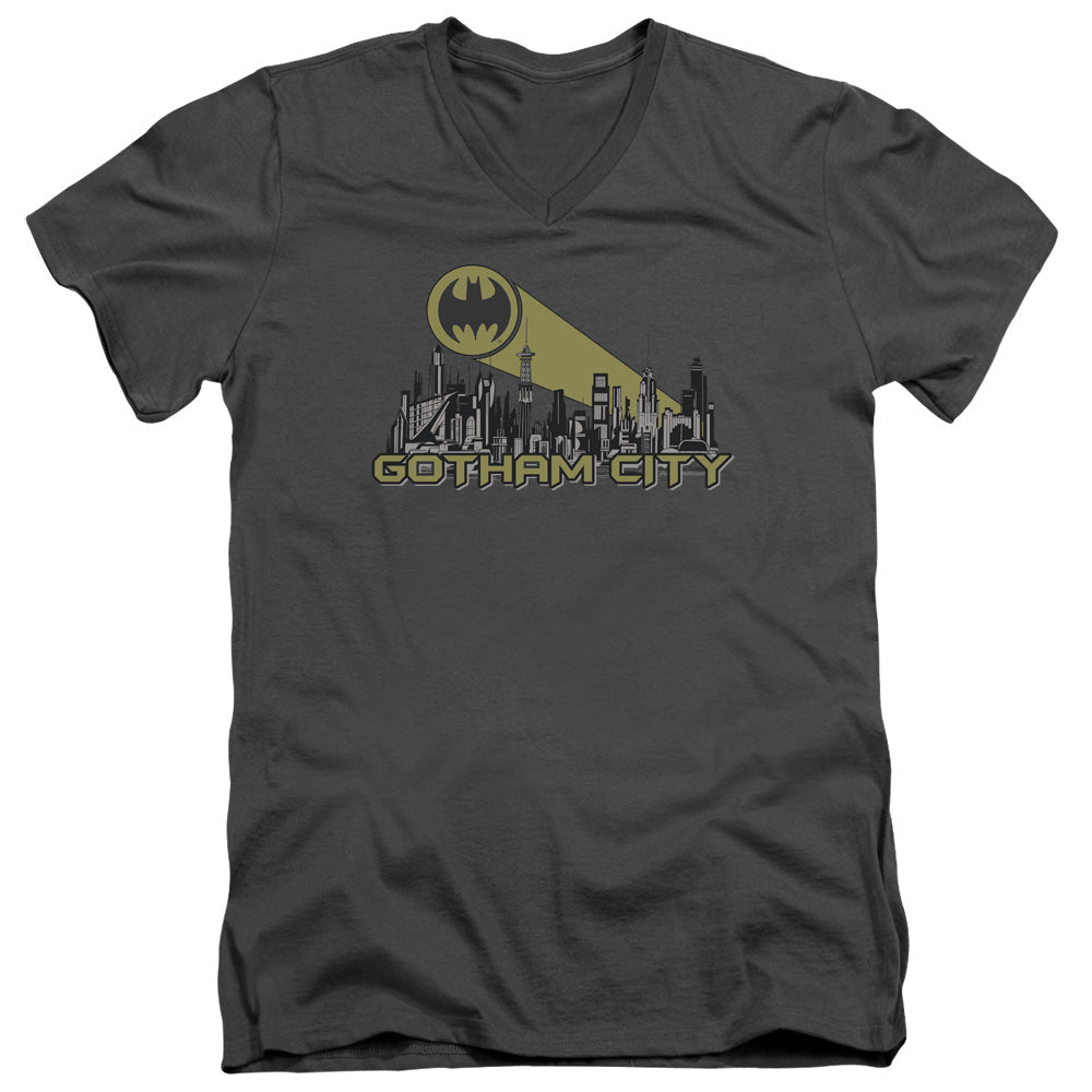 Batman Gotham Skyline Mens Slim Fit V Neck T Shirt Charcoal