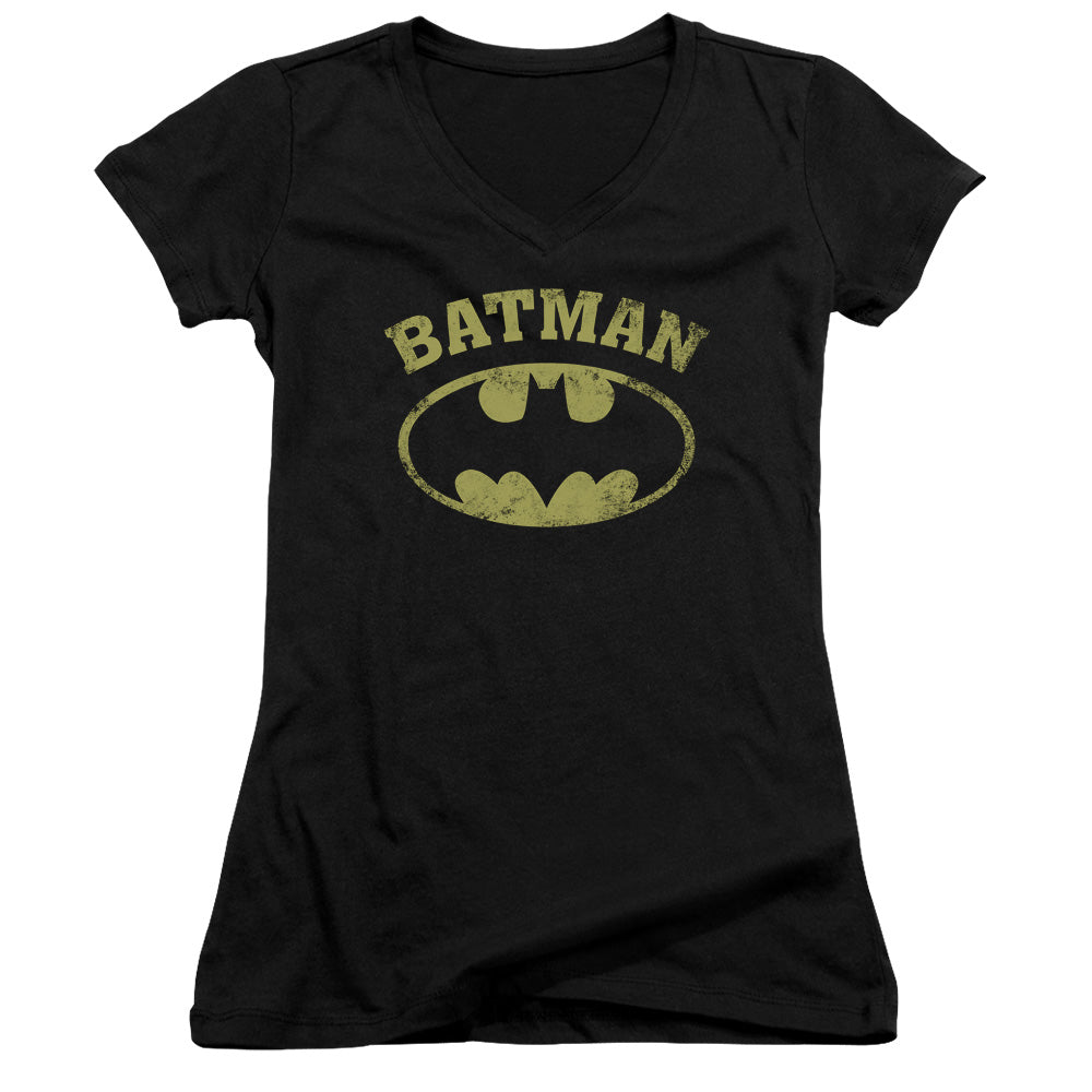 Batman Over Symbol Junior Sheer Cap Sleeve V Neck Womens T Shirt Black