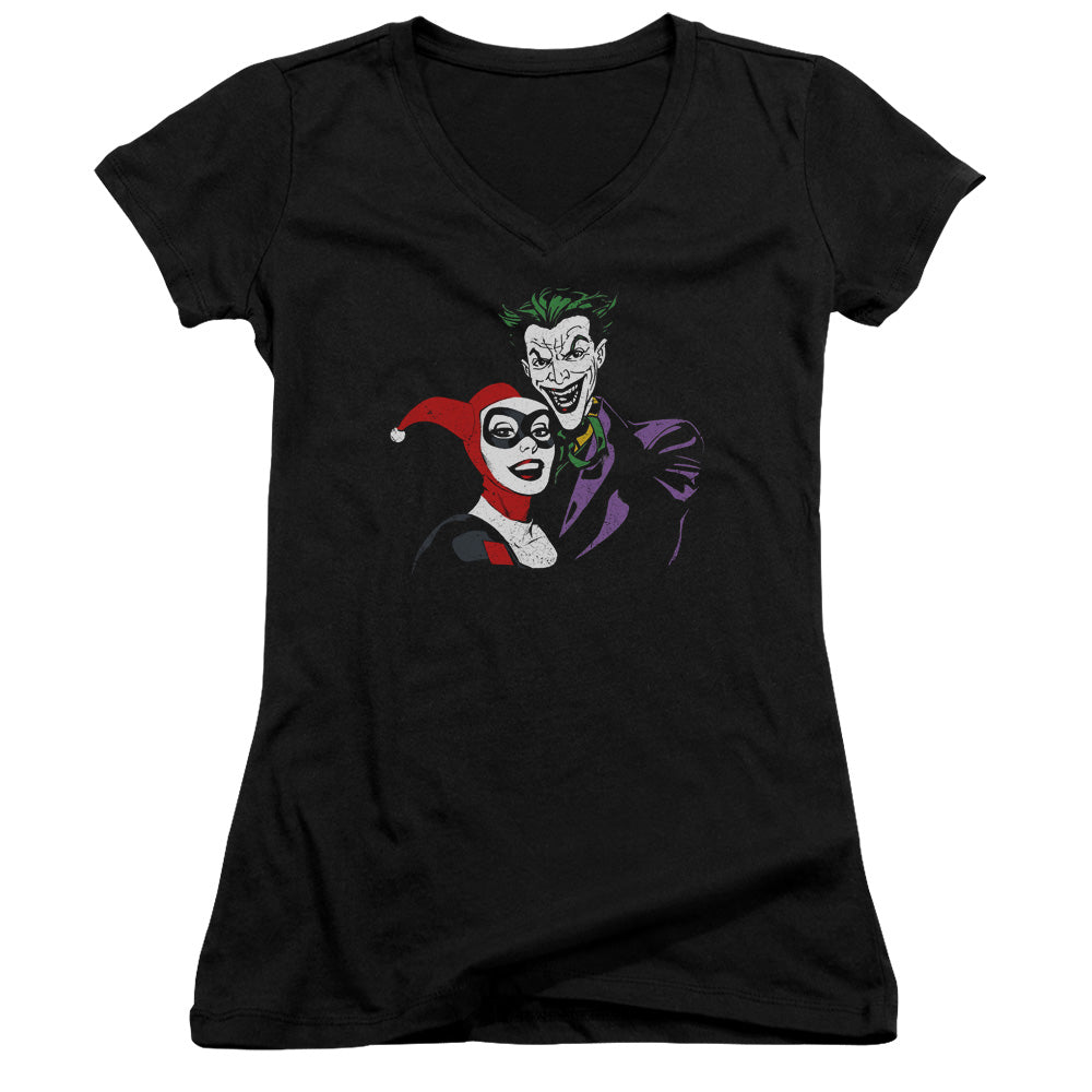 Batman Joker & Harley Junior Sheer Cap Sleeve V Neck Womens T Shirt Black