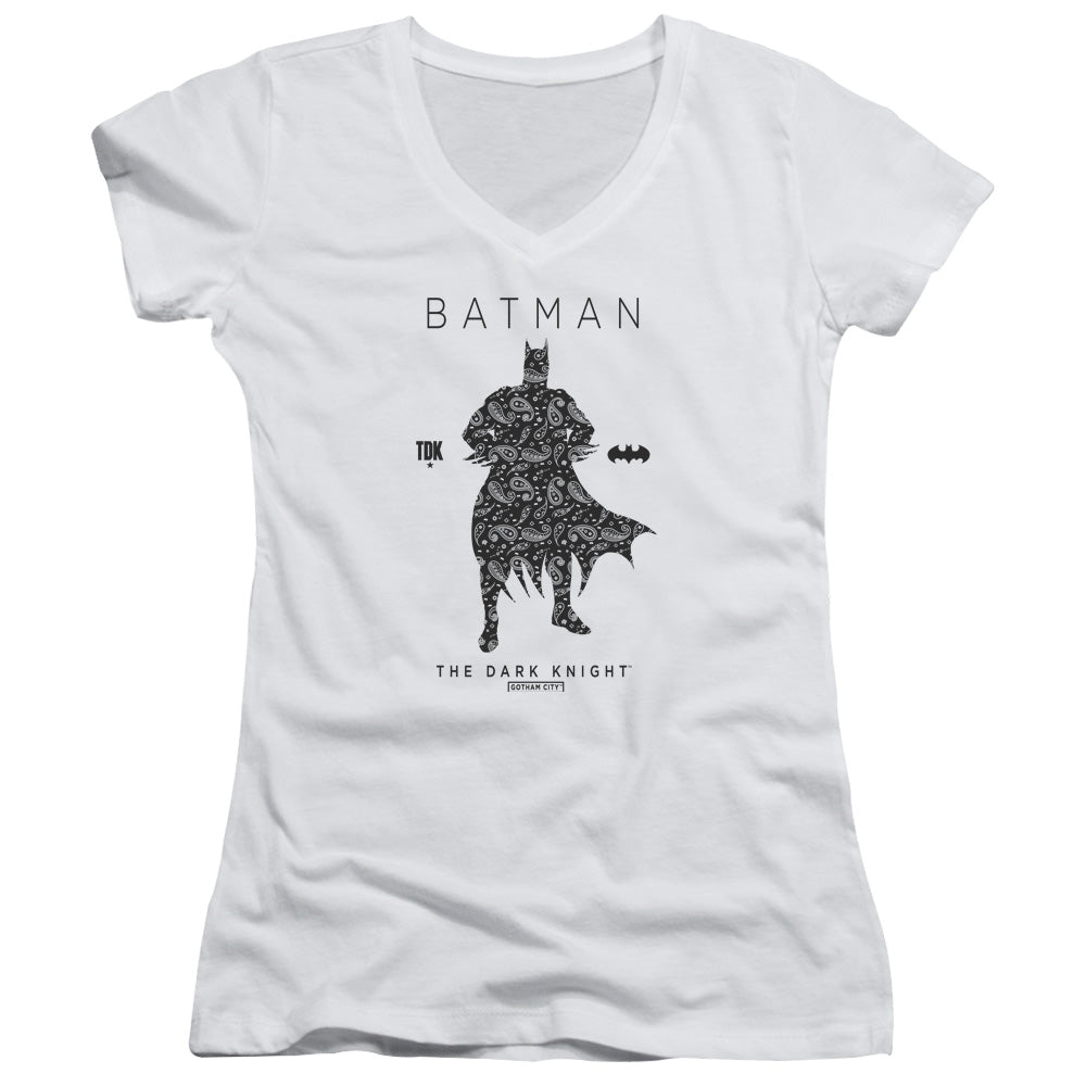 Batman Paislety Silhouete Junior Sheer Cap Sleeve V Neck Womens T Shirt White