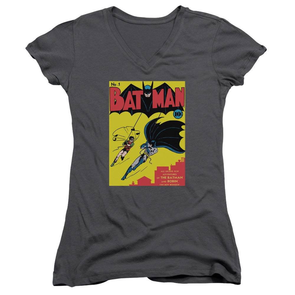 Batman Batman First Junior Sheer Cap Sleeve V Neck Womens T Shirt Charcoal