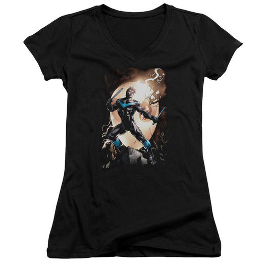Batman Nightwing Against Owls Junior Sheer Cap Sleeve V Neck Womens T Shirt Black