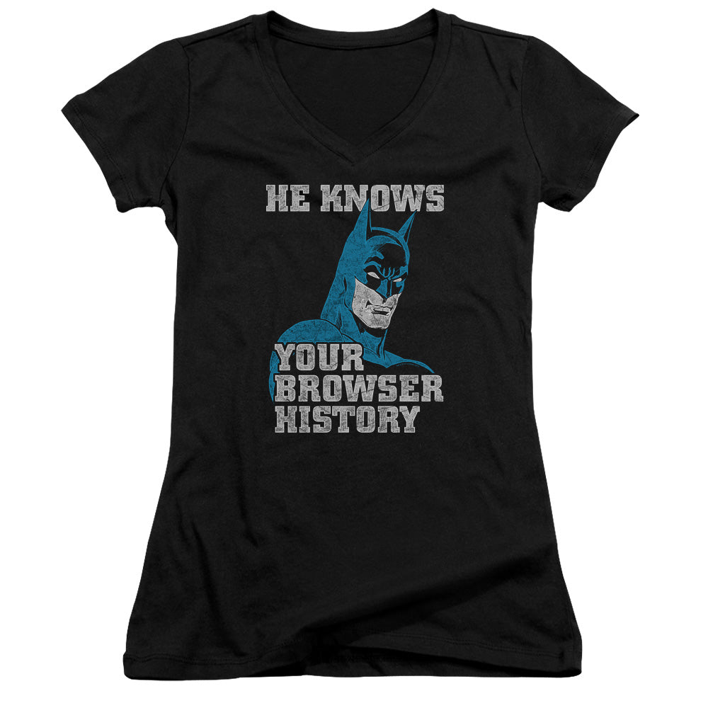 Batman Batman Knows Junior Sheer Cap Sleeve V Neck Womens T Shirt Black