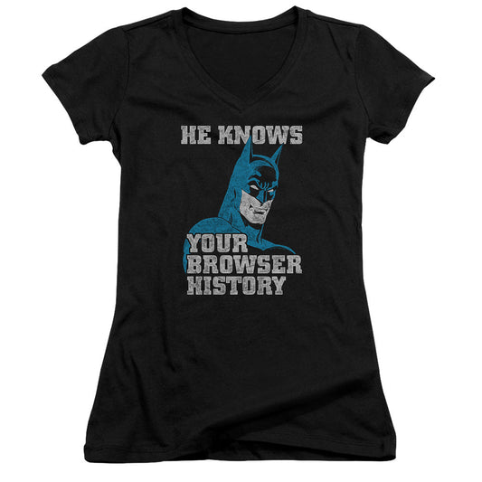 Batman Batman Knows Junior Sheer Cap Sleeve V Neck Womens T Shirt Black