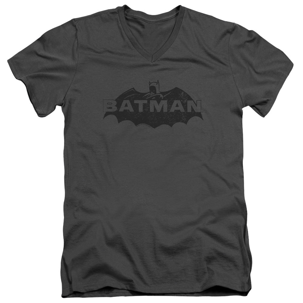 Batman Newsprint Logo Mens Slim Fit V Neck T Shirt Charcoal