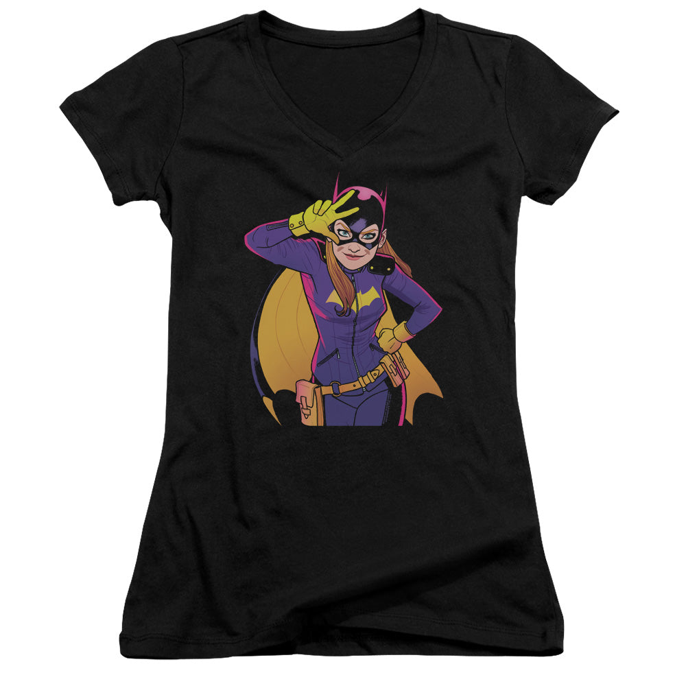 Batman Batgirl Moves Junior Sheer Cap Sleeve V Neck Womens T Shirt Black