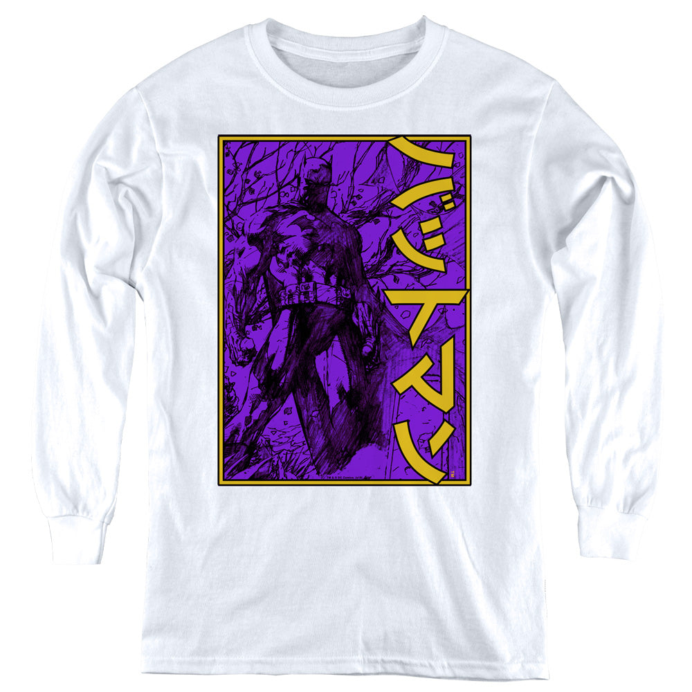 Batman Big Framed Kanji Long Sleeve Kids Youth T Shirt White Style001