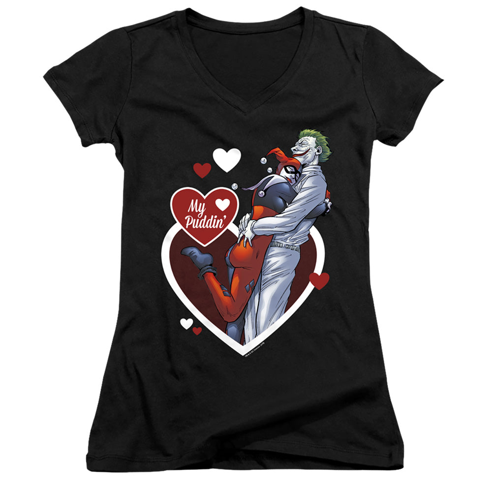 Batman My Puddin Junior Sheer Cap Sleeve V Neck Womens T Shirt Black