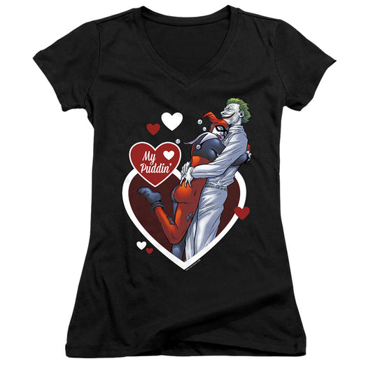 Batman My Puddin Junior Sheer Cap Sleeve V Neck Womens T Shirt Black