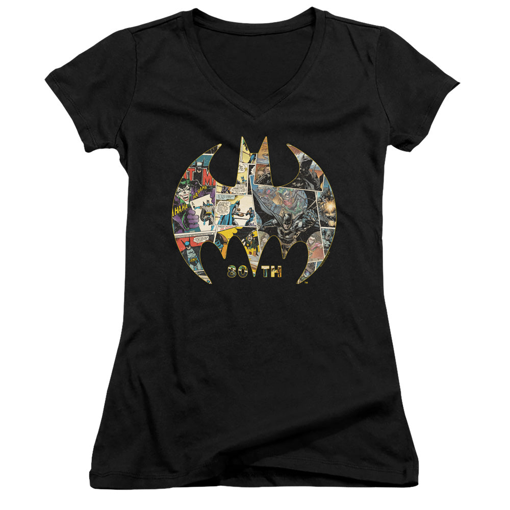 Batman 80th Shield Junior Sheer Cap Sleeve V Neck Womens T Shirt Black