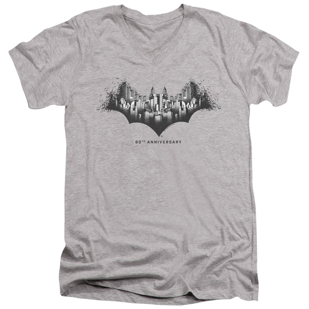 Batman Gotham Shield Mens Slim Fit V Neck T Shirt Athletic Heather