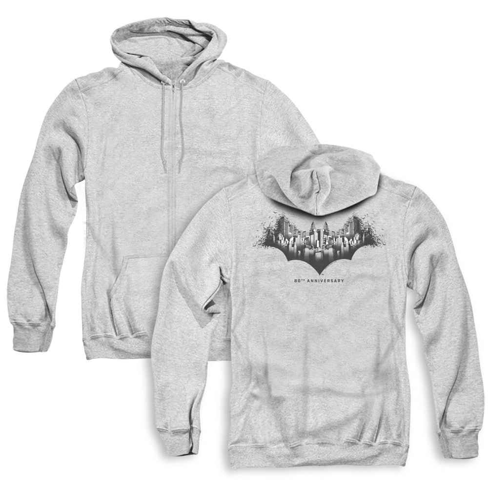 Batman Gotham Shield Back Print Mens Zipper Hoodie Athletic Heather