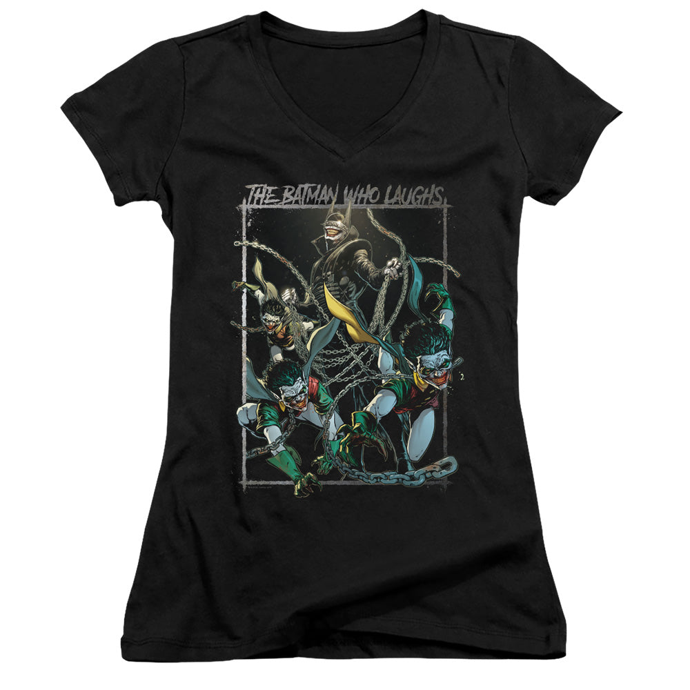 Batman Batman Who Laughs Junior Sheer Cap Sleeve V Neck Womens T Shirt Black