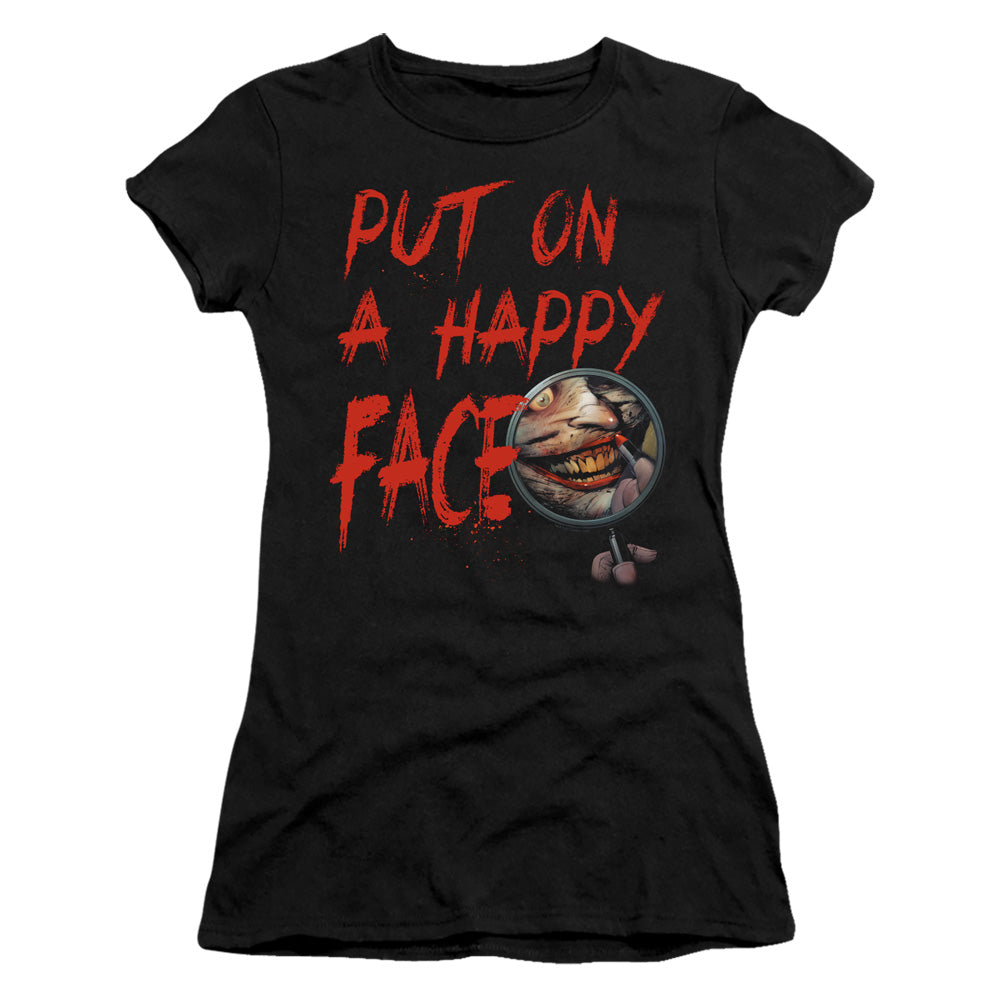 Batman Happy Face Junior Sheer Cap Sleeve Womens T Shirt Black