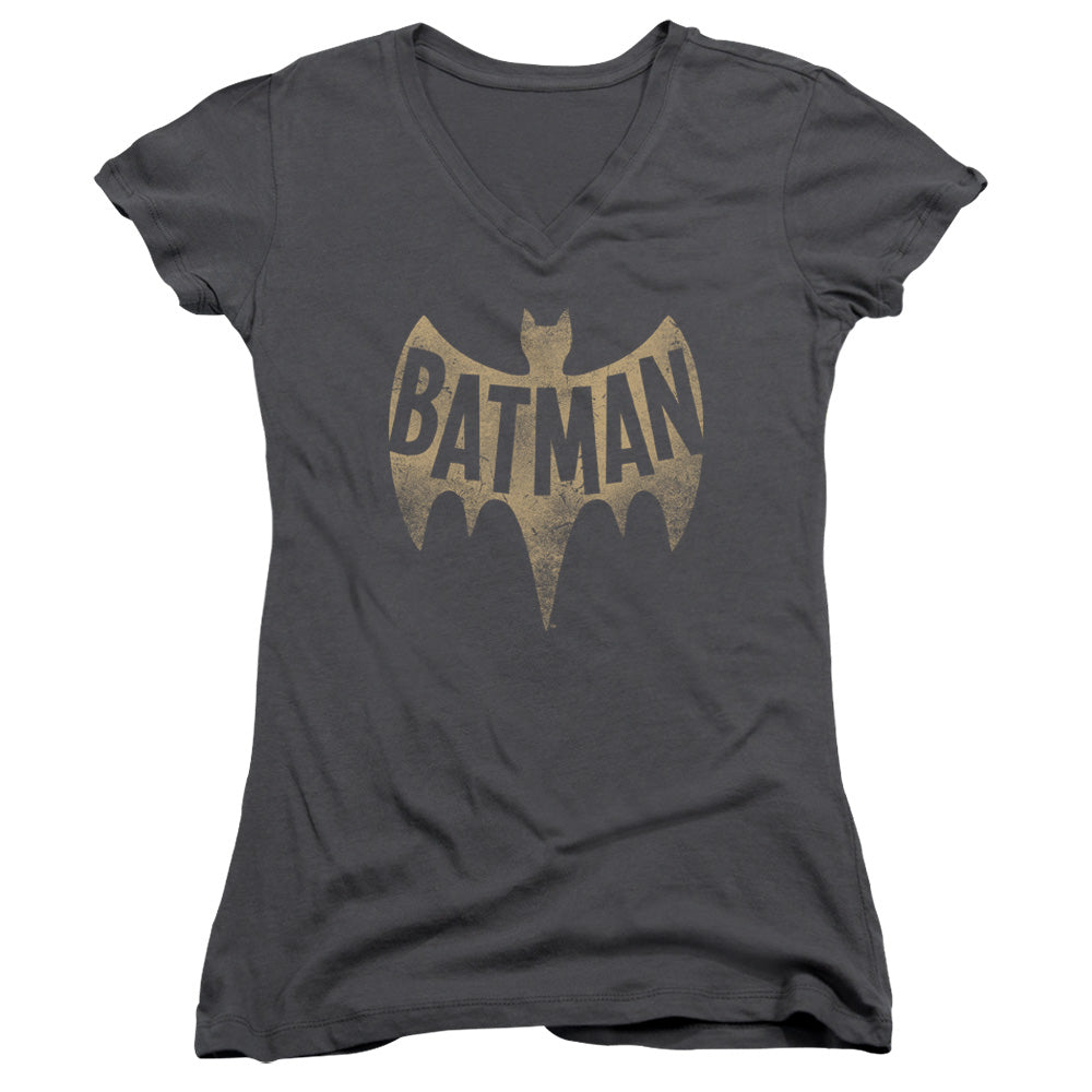 Batman Classic Tv Vintage Logo Junior Sheer Cap Sleeve V Neck Womens T Shirt Charcoal