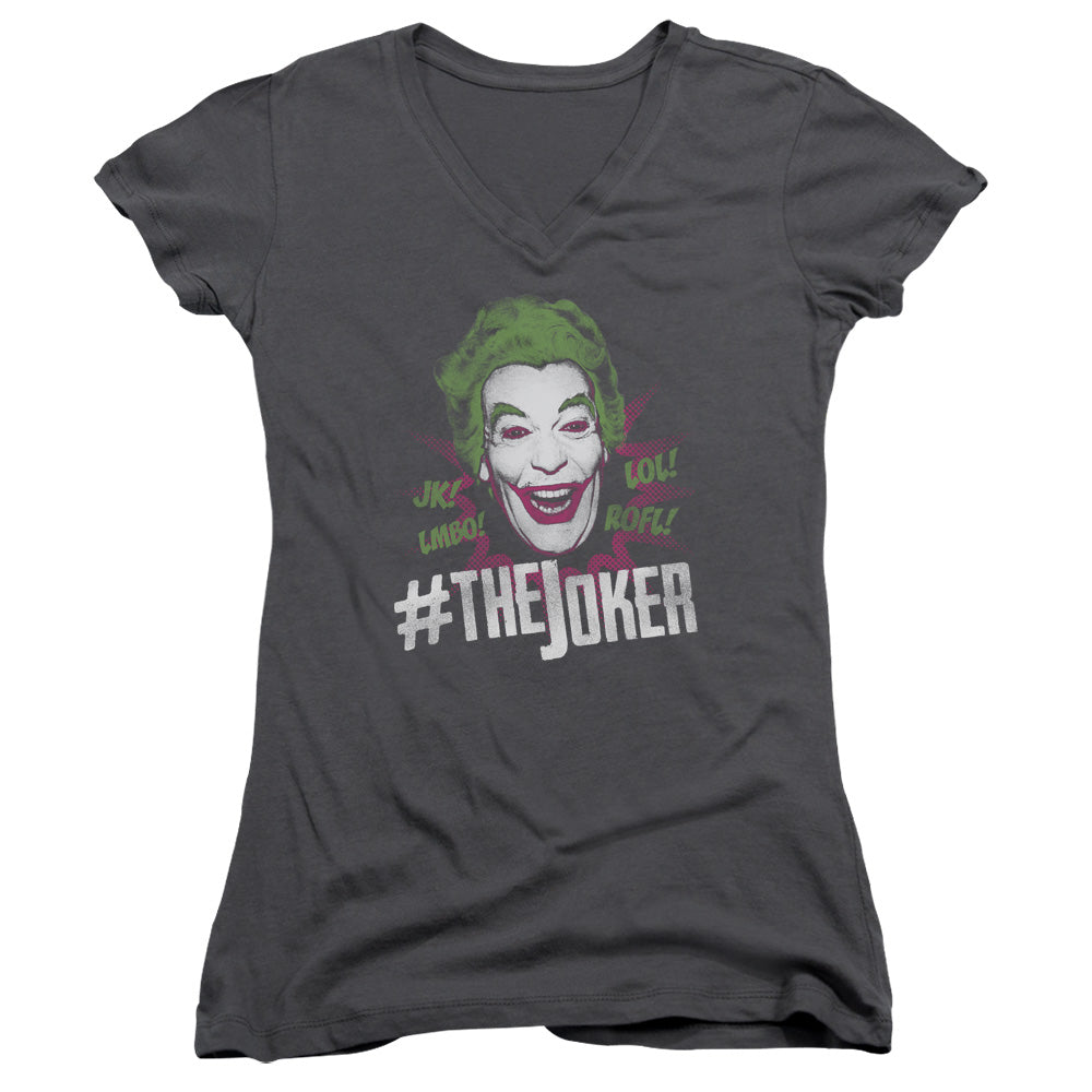 Batman Classic Tv #joker Junior Sheer Cap Sleeve V Neck Womens T Shirt Charcoal