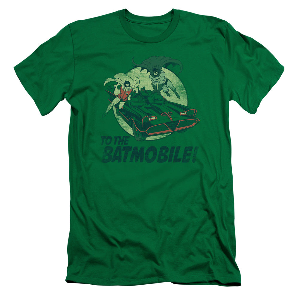 Batman Classic Tv To The Batmobile Slim Fit Mens T Shirt Kelly Green