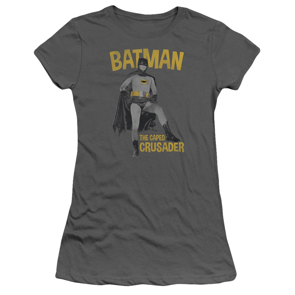 Batman Classic Tv Caped Crusader Junior Sheer Cap Sleeve Womens T Shirt Charcoal