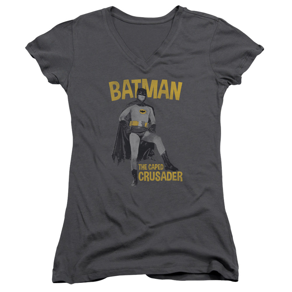 Batman Classic Tv Caped Crusader Junior Sheer Cap Sleeve V Neck Womens T Shirt Charcoal