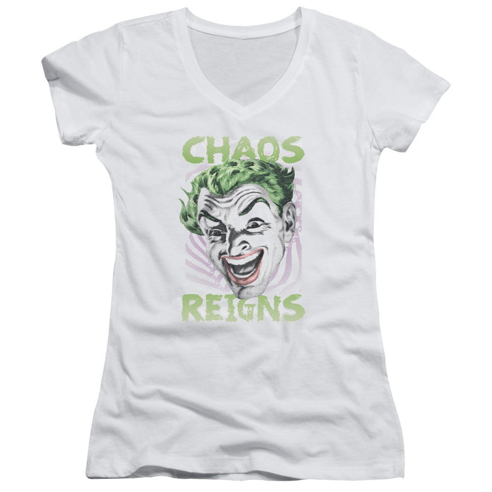 Batman Classic Tv Chaos Reigns Junior Sheer Cap Sleeve V Neck Womens T Shirt White