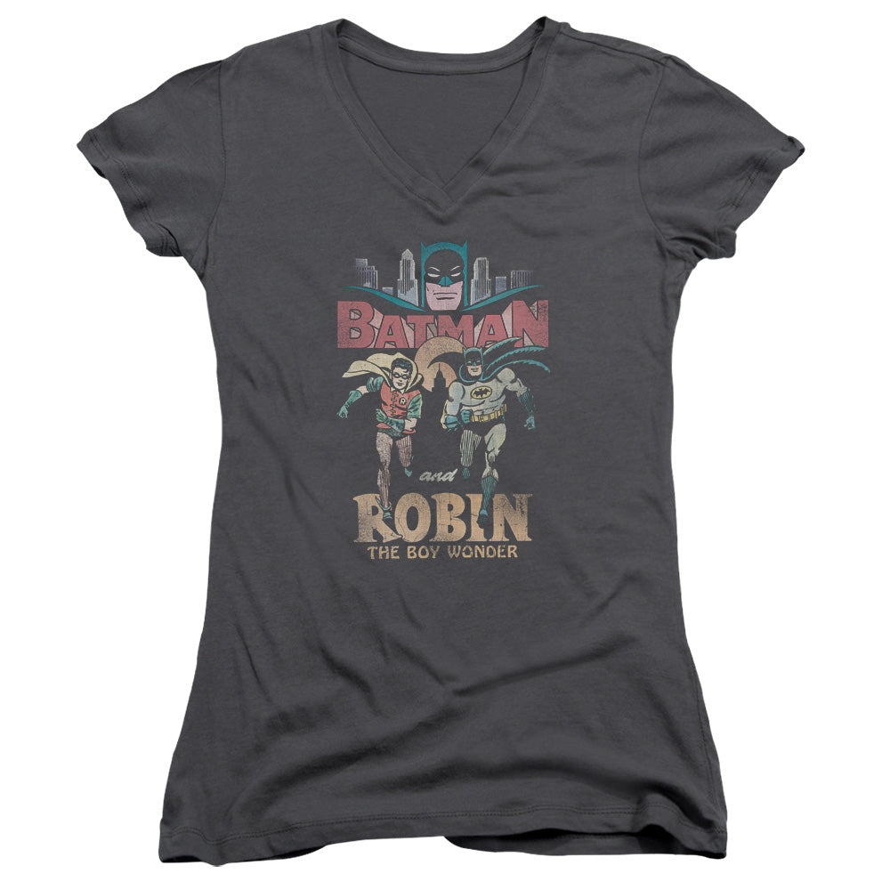 Batman Classic Tv Classic Duo Junior Sheer Cap Sleeve V Neck Womens T Shirt Charcoal