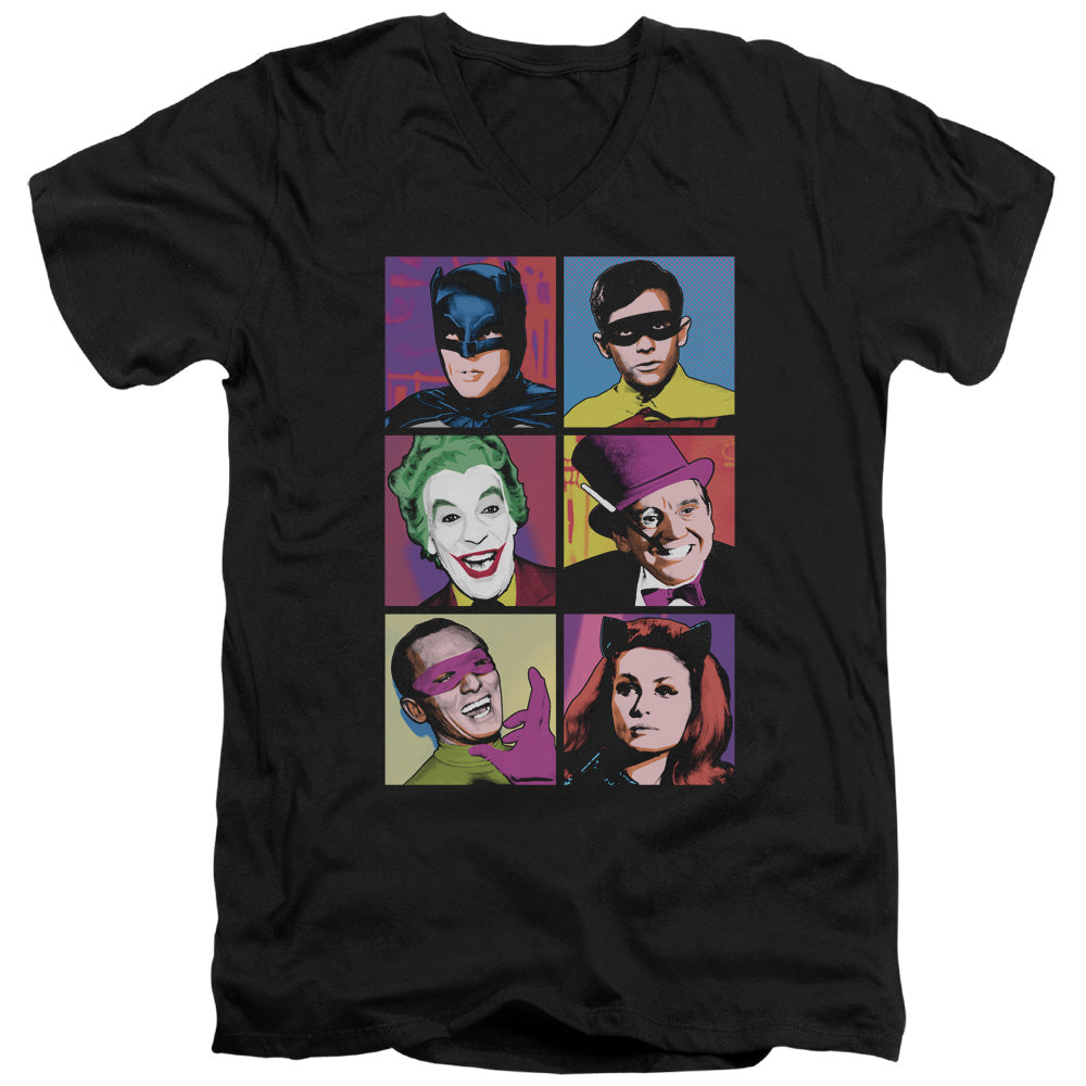 Batman Classic Tv Pop Cast Mens Slim Fit V Neck T Shirt Black