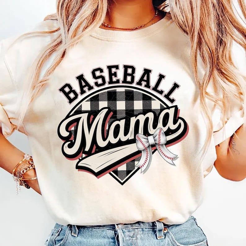 Baseball Mama, Checkered Design, Distressed Baseball, Coquette Bow T-shirt