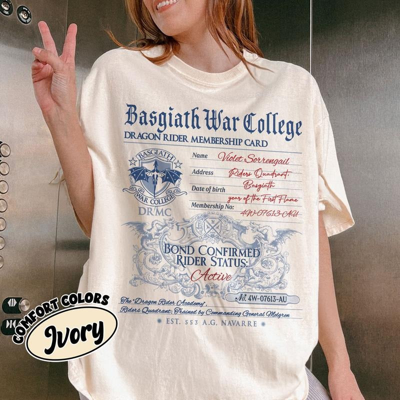 Basgiath War College Comfort Colors TShirt, Dragon Rider Membership Card Tee, Fourth Wing Series Bookish Merch, Gift For Book Lover