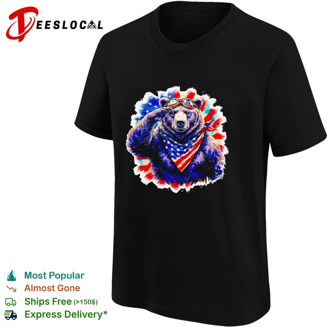 Bear saluting American flag bandana shirt