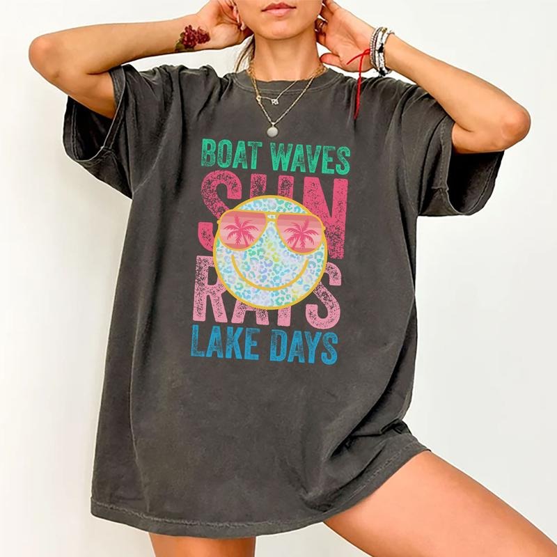 Boat Waves Sun Rays Lake Days Retro Shirt, Summer Vibes Vintage Tee, Beach Vibes Vintage Graphic Tee Women, Summer Women Unhinged Shirt, Comfy Fabric Oversized Graphic Tee, Women's Tops, Womenswear, Cotton Fabric Relaxed Fit Chic Style
