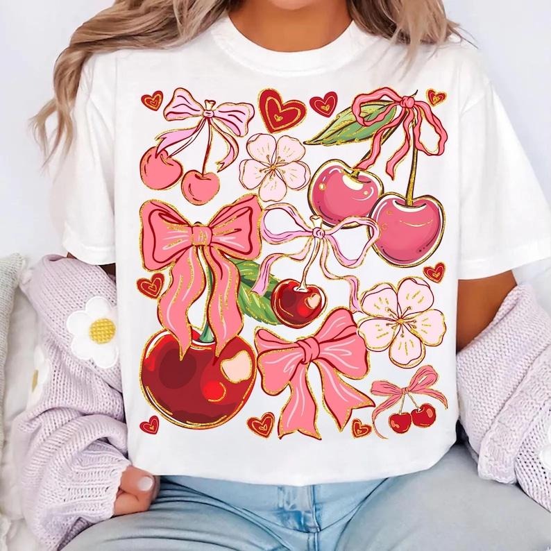 Boho Cherry Coquette Preppy Cherries T-Shirt Boho Floral Berry Summer Cherry T-Shirt