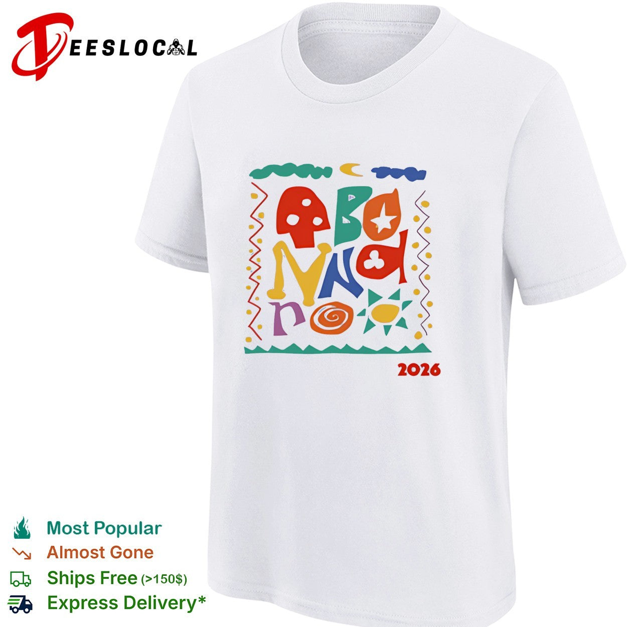 Bonnaroo Music Festival 2026 colorful folk art typography shirt