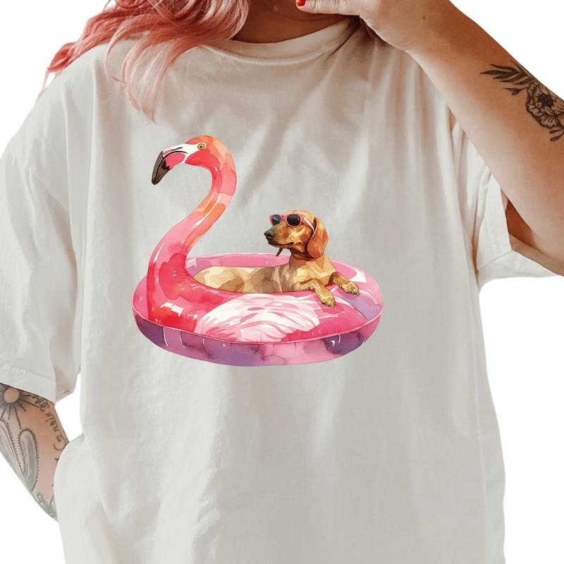 Brown Short Haired Dachshund Flamingo Float Dog Shirt ~ Unisex Apparel Relaxed Fit Printed In The USA Clothing Womenswear Casual Comfort Cotton Top Athletic Boho Chic