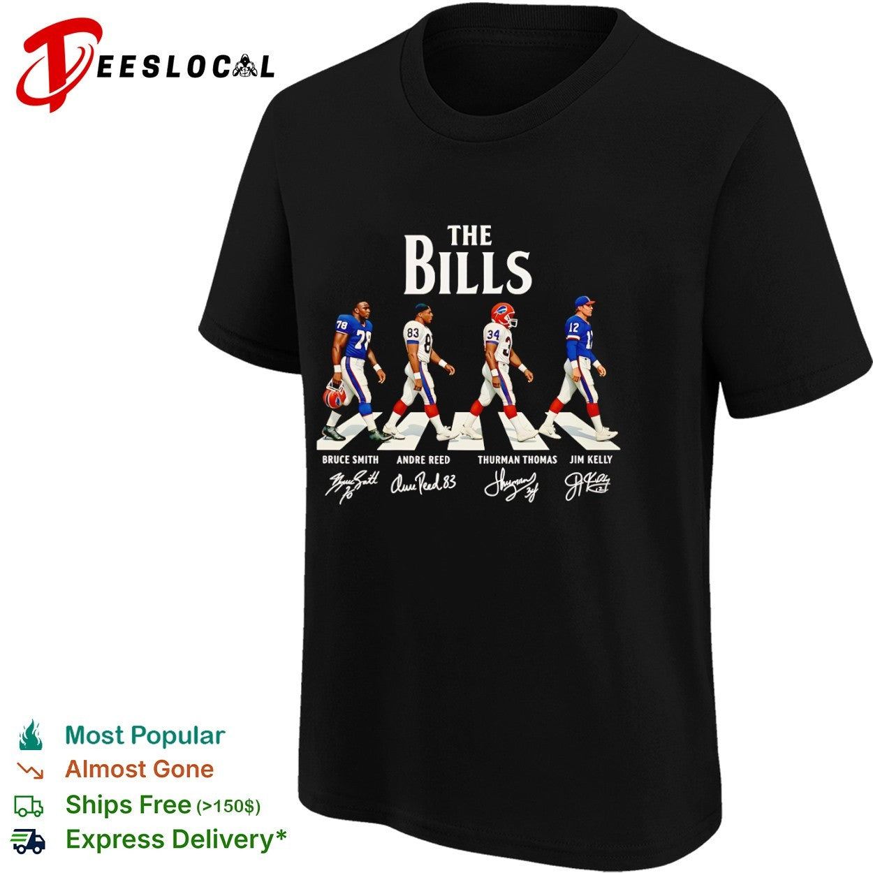 Bruce Smith Andre Reed Thurman Thomas Jim Kelly Buffalo Bills walking across shirt