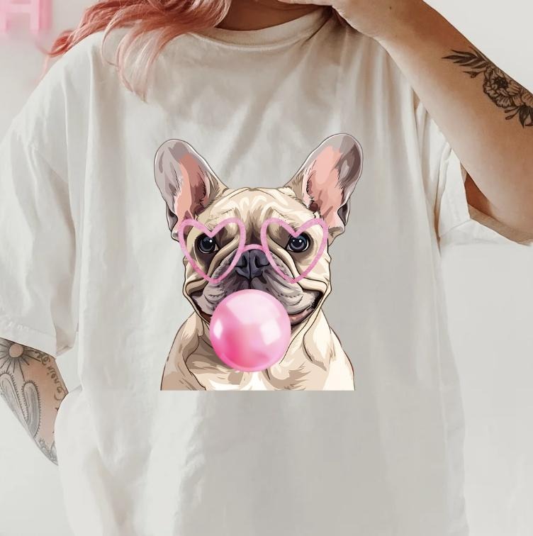 Bubblegum French Bulldog Shirt~ Unisex Apparel Relaxed Fit Printed In The USA Clothing Womenswear Casual Comfort Cotton Top Athletic Boho Chic
