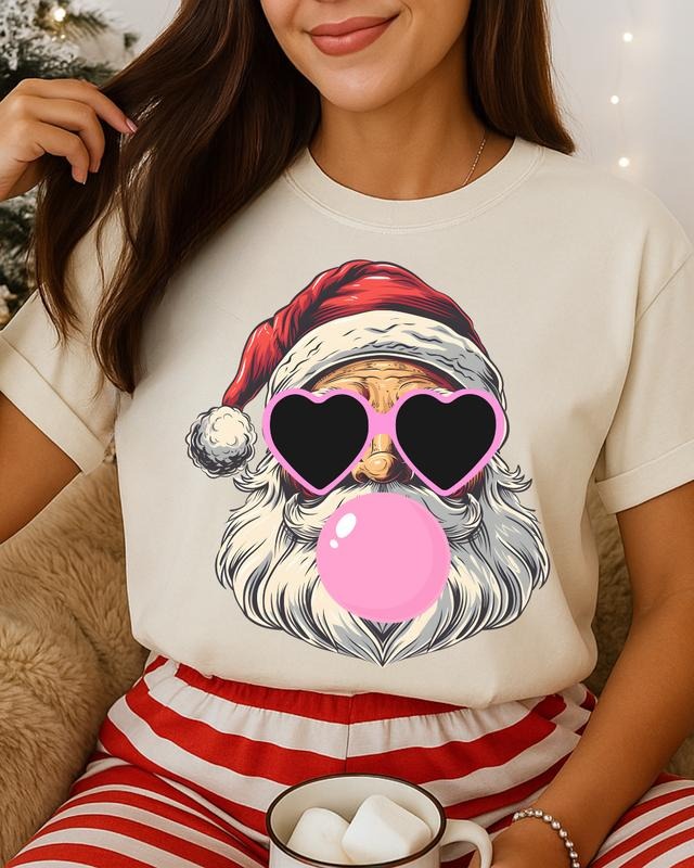 Bubblegum Santa Christmas Holiday Graphic Shirt, Women's Trendy Holiday Graphic