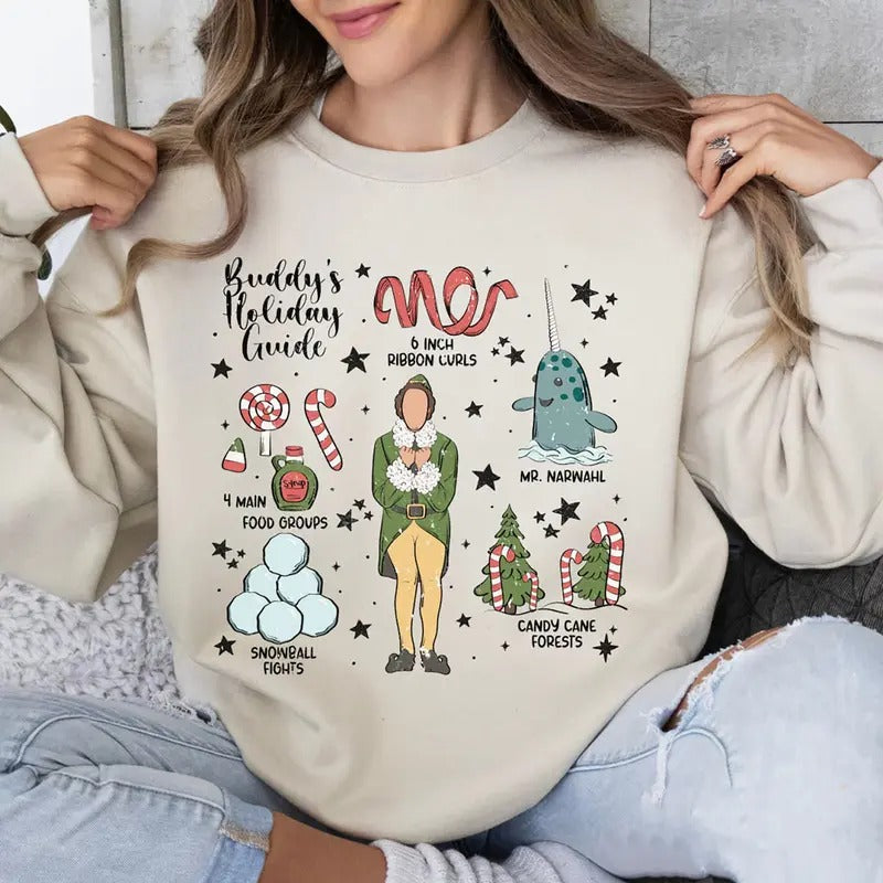 Buddy Elf Holiday Guide Sweatshirt, Christmas Elf Movie Sweater, Funny Xmas Christmas Movie Tee Shirt, Funny Holiday Shirt