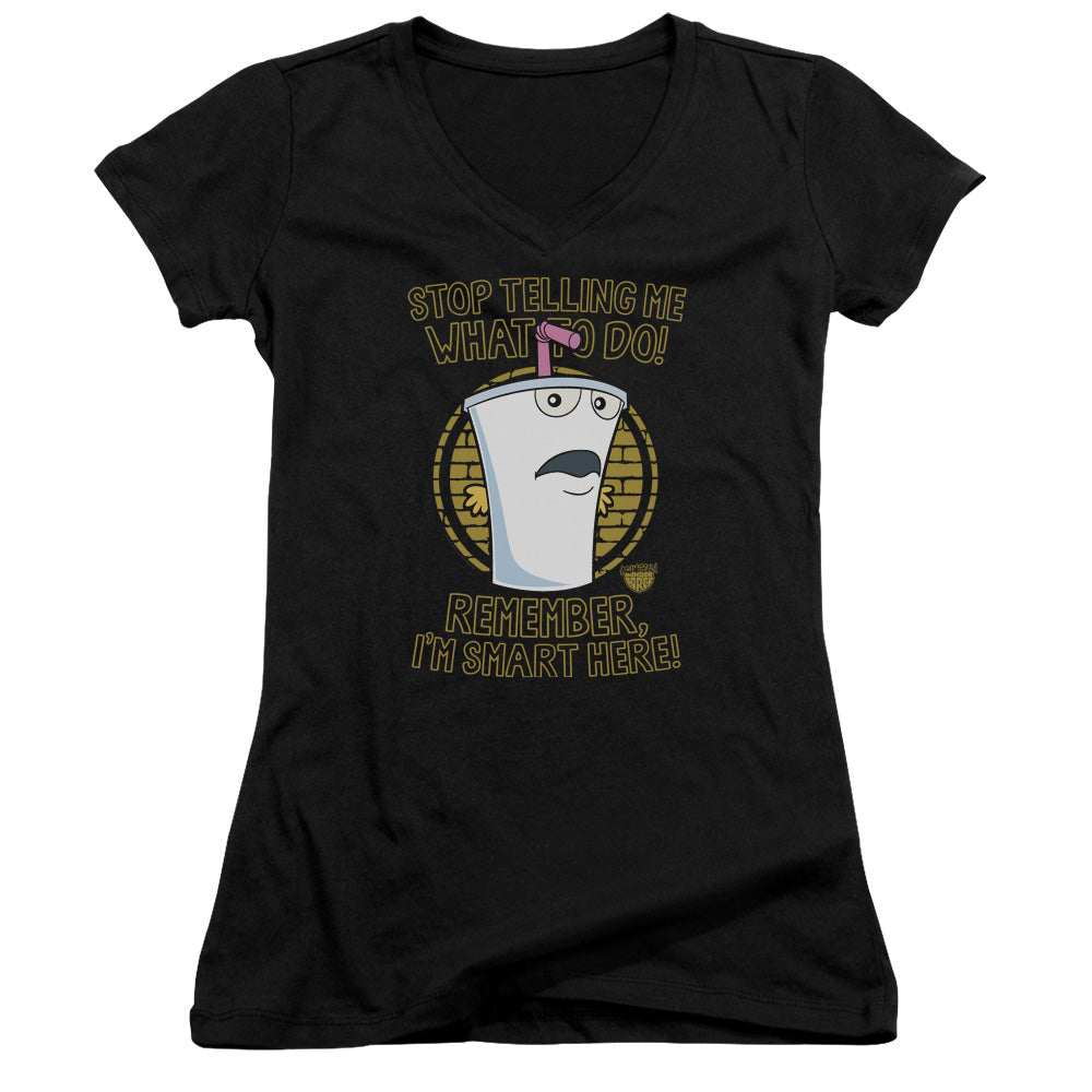 Aqua Teen Hunger Force Stop Junior Sheer Cap Sleeve V Neck Womens T Shirt Black - clothing by TeeHivey.com