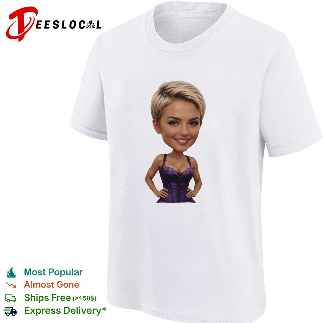 Caricature Blonde Short Hair Purple Corset Body Shape Bobblehead shirt