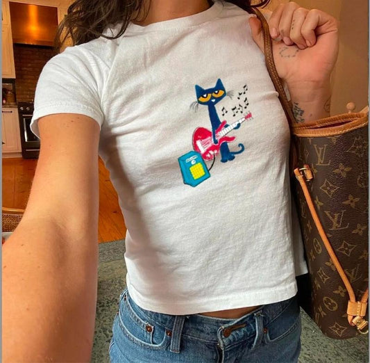 Cat Playing Guitar Baby Tee, Y2K Baby Tee, 90s Baby Tee, Graphic Shirt Crop, Coquette Shirt, Vintage Shirt
