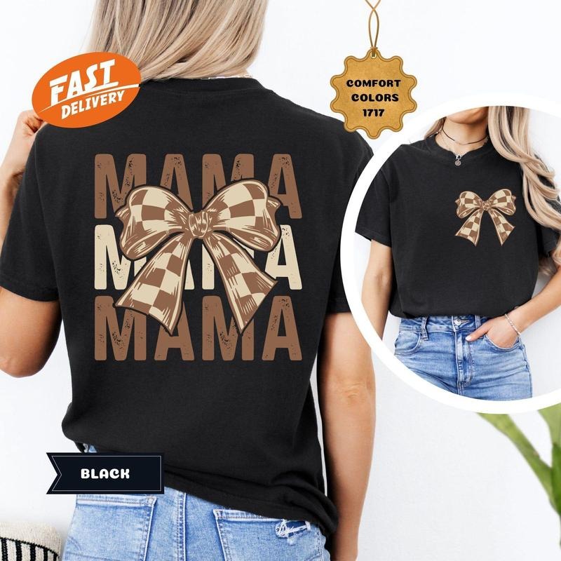 Checkered Bow Mama Shirt, Coquette Bow Gift for Mom, Mothers Day Gift, Mama Tshirt, Baby Shower Gift, New Mom Shirt