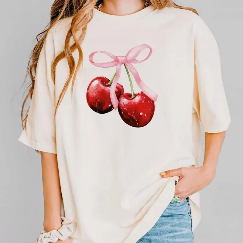 Cherry Bow T-Shirt, Aesthetic Shirt, Coquette Bow Shirt, Cherry Girly Tee, Shirts For Women, Gift For Her, Pink Bow Shirt, Cherry Graphic Tee, Botanical Garden Tshirt